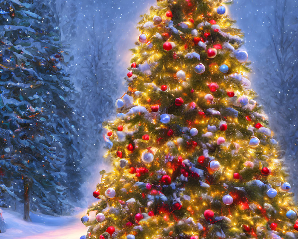 Festive Christmas tree with red and silver baubles in snowy setting