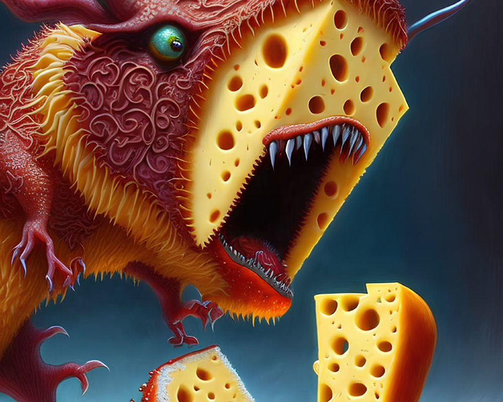 Fantasy illustration of dragon with cheese-like skin and holes next to cheese pieces