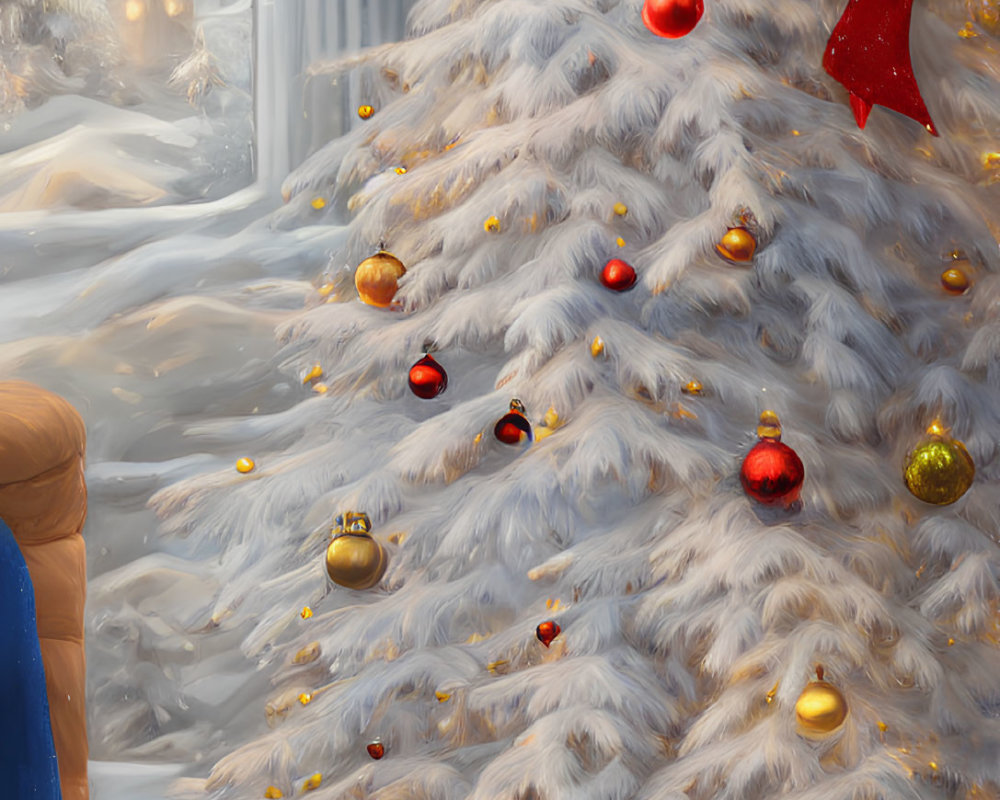 White Christmas tree adorned with red and gold ornaments by window with snowy scenery and gift-wrapped presents