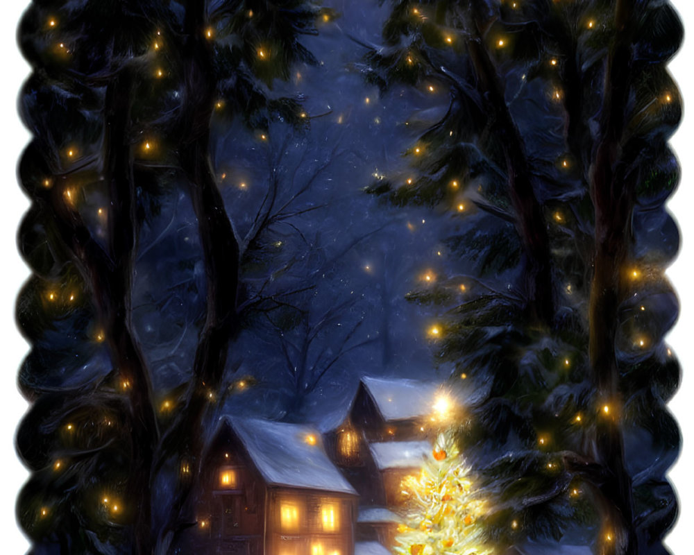 Winter night scene with festive Christmas tree, snow-covered houses, and twinkling lights.