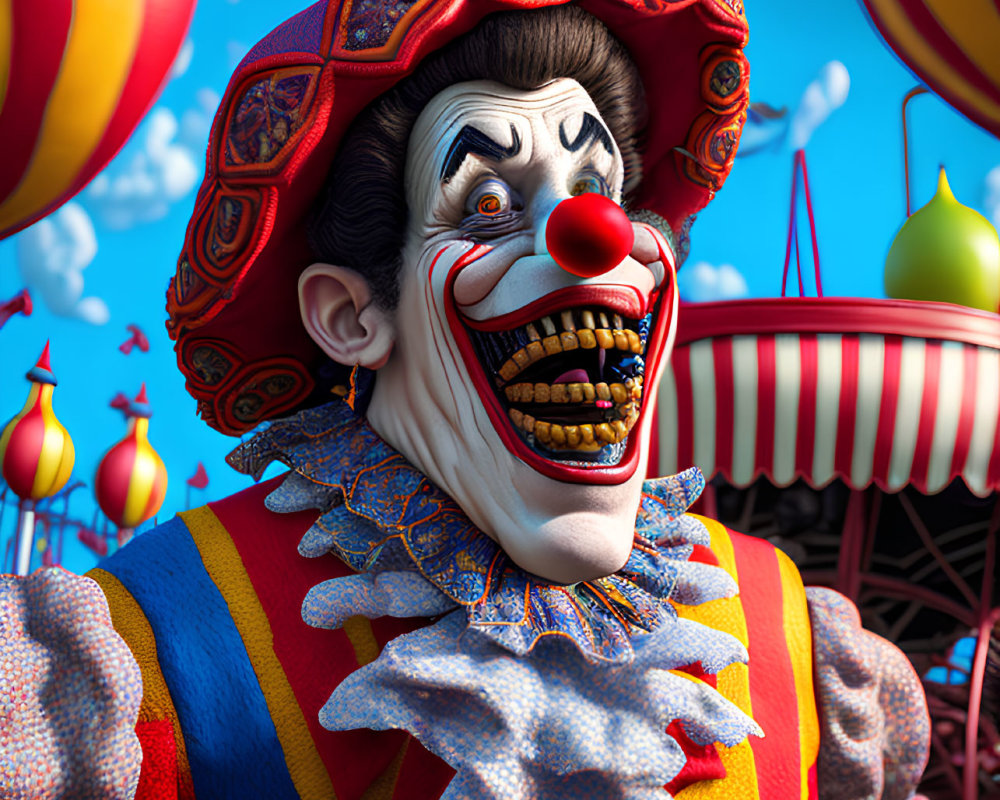 Colorful clown with sharp teeth in carnival setting