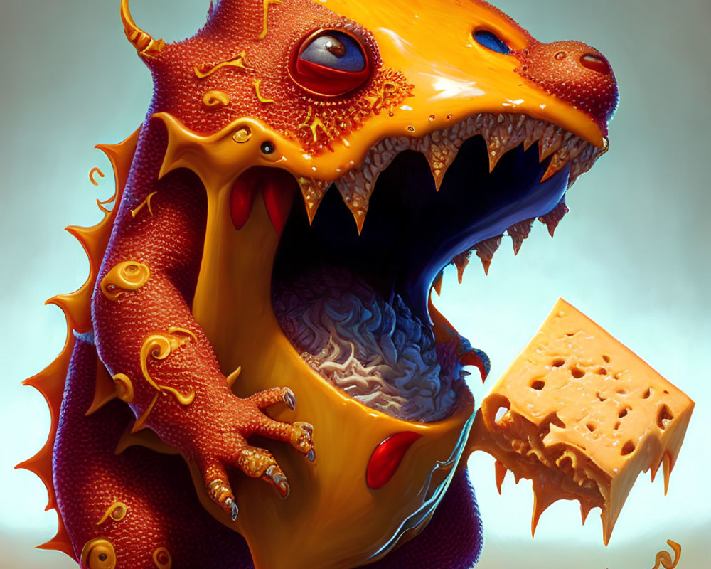 Whimsical orange monster with horns and cheese cube illustration