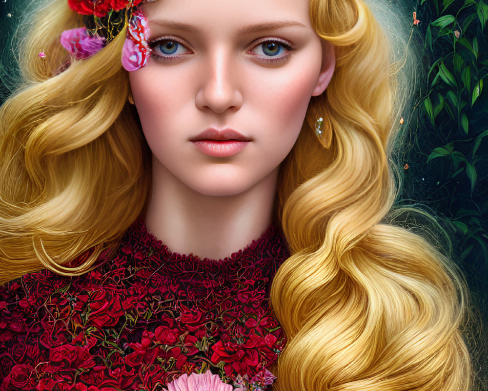 Portrait of woman with blonde hair, blue eyes, red and pink flowers on green foliage.