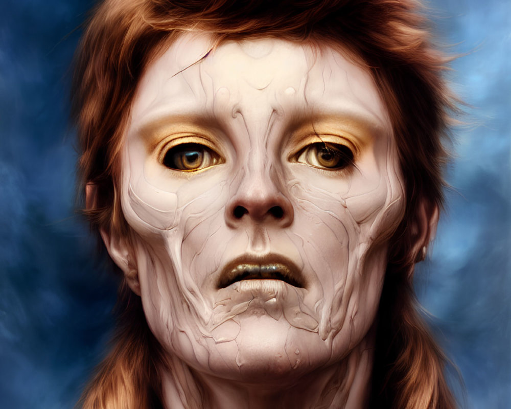 Surreal humanoid digital art portrait with cracked skin and golden eyes