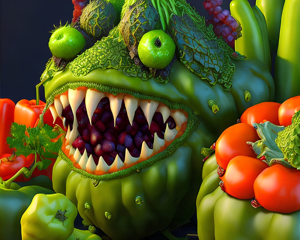 Whimsical digital artwork of vegetable monster with wide mouth