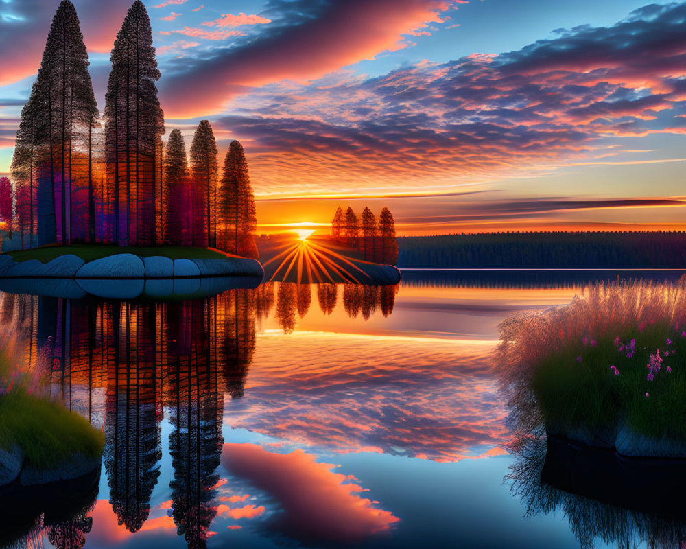 Vivid Sunset Over Calm Lake with Coniferous Trees and Wildflowers