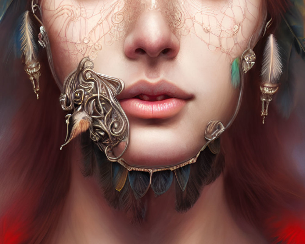 Detailed digital portrait of woman with golden facial jewelry, feathers, and veil-like tattoo