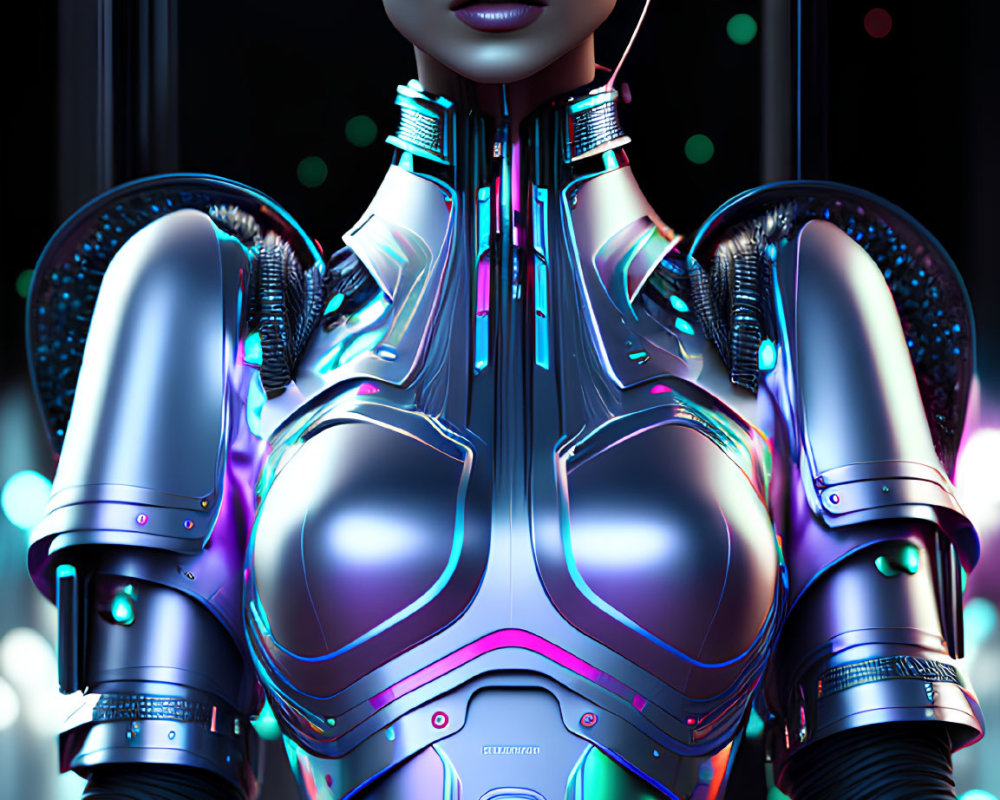 Reflective metallic female android with neon lights and cybernetic features in dark setting