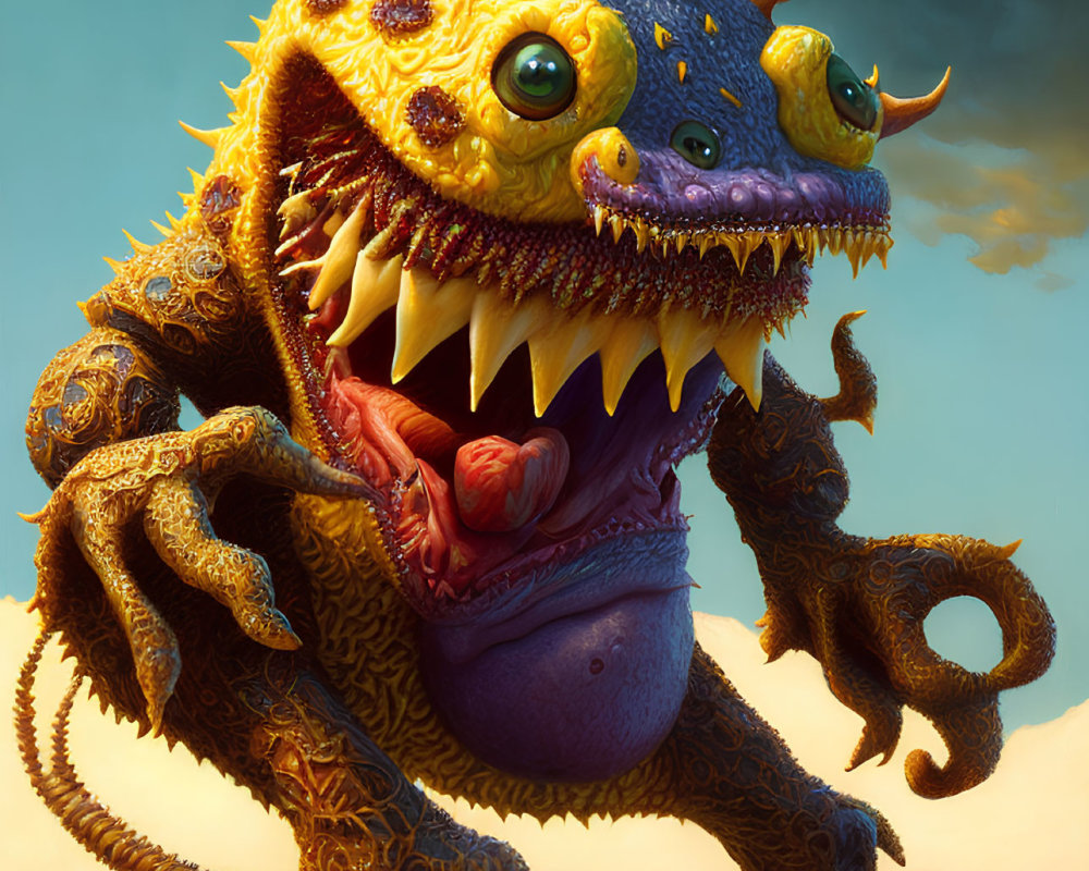 Colorful fantasy monster with multiple eyes and sharp teeth on textured skin