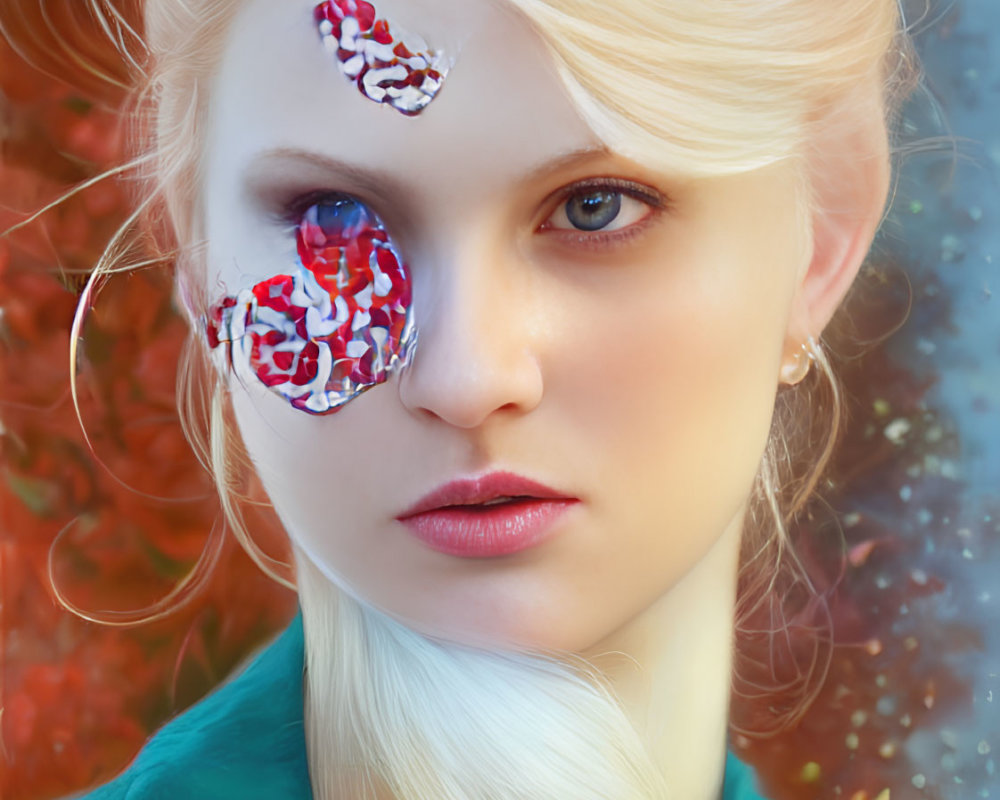 Portrait of Woman with Striking Blue Eyes and Artistic Makeup in Green Garment