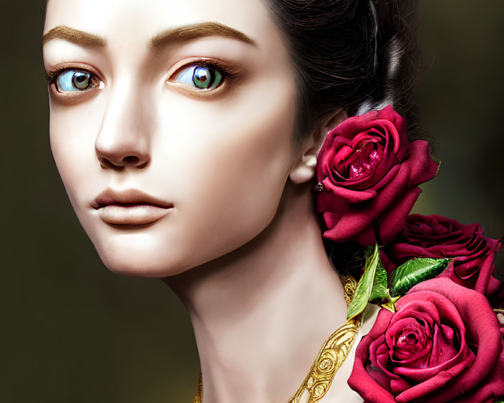 Portrait of woman with golden crown, blue eyes, and red roses.