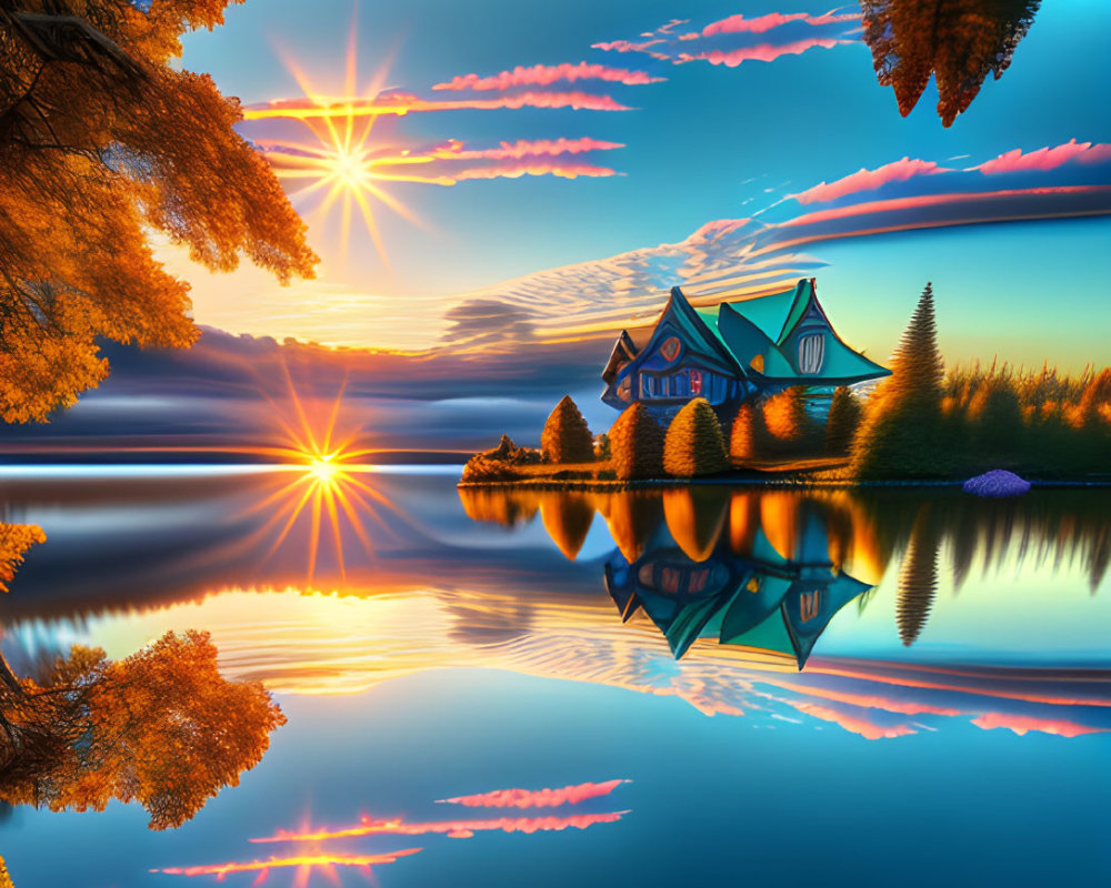 Scenic sunset over calm lake with autumn reflections and mountain cabin