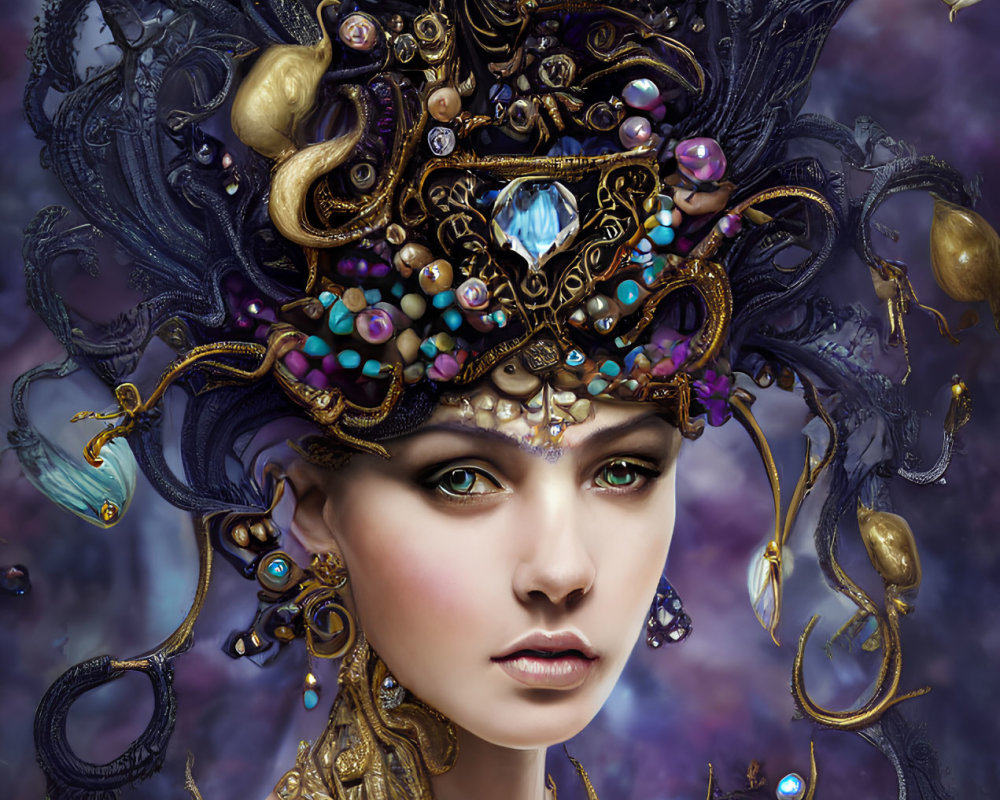 Portrait of Woman with Ornate Headpiece and Jewelry on Purple Background