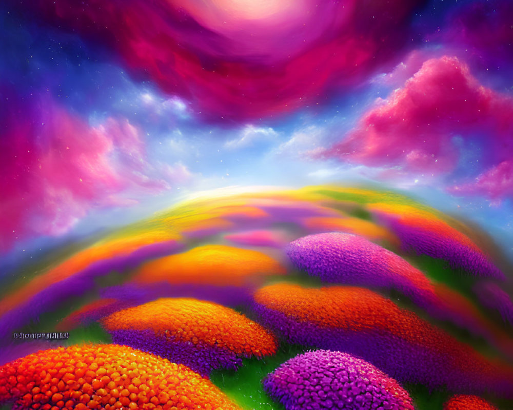 Colorful undulating hills with orange and purple trees under a pink and blue sky