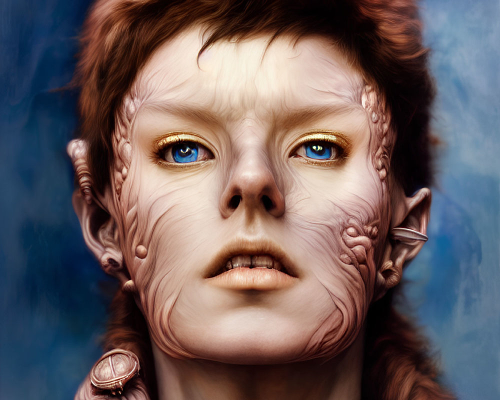 Fantastical portrait of being with blue eyes, pointed ears, textured skin, ornate jewelry,