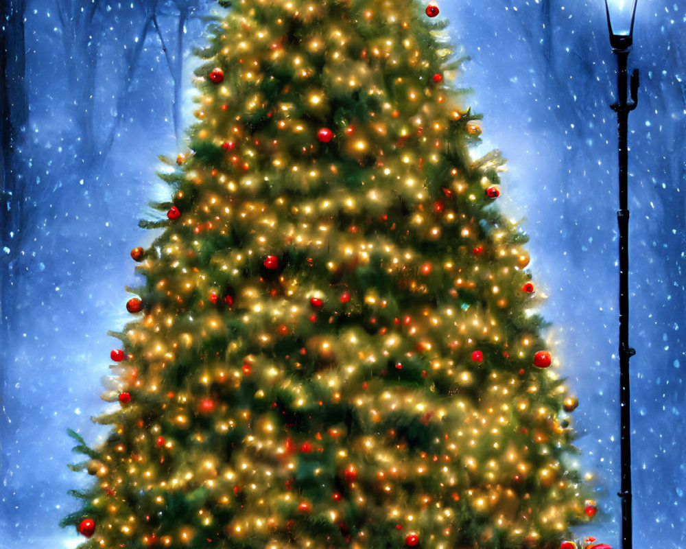 Glowing Christmas tree with golden lights and red ornaments in snowy setting