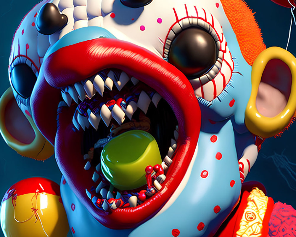 Sinister clown with multiple eyes, sharp teeth, holding balloons