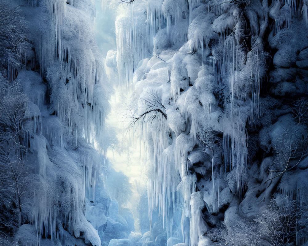 Snow-covered trees and frozen waterfall in serene winter landscape