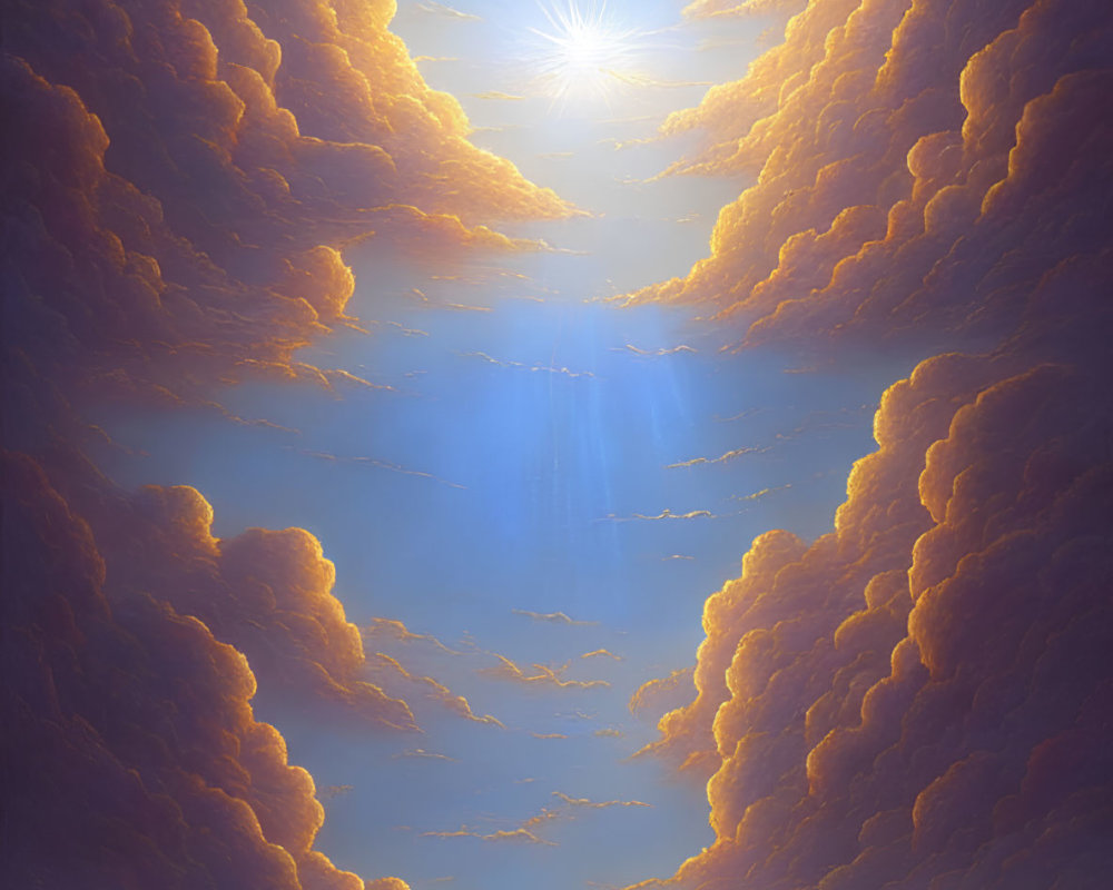 Celestial scene with sunbeams, fluffy clouds, and starry gate