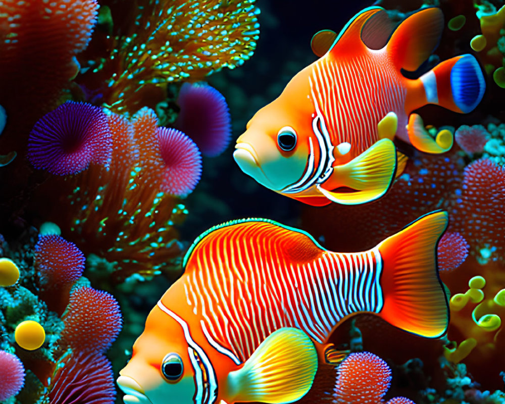 Colorful Clownfish Swimming in Vibrant Coral Reef Environment