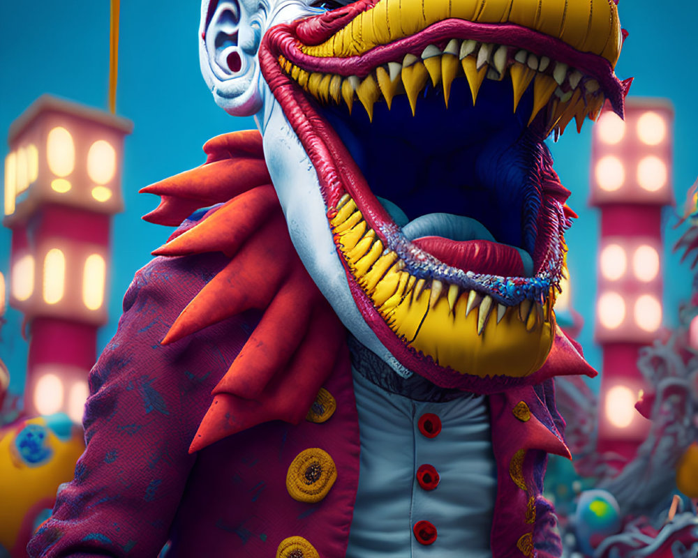 Colorful Crocodile-Headed Creature in Red Jacket on Neon Background