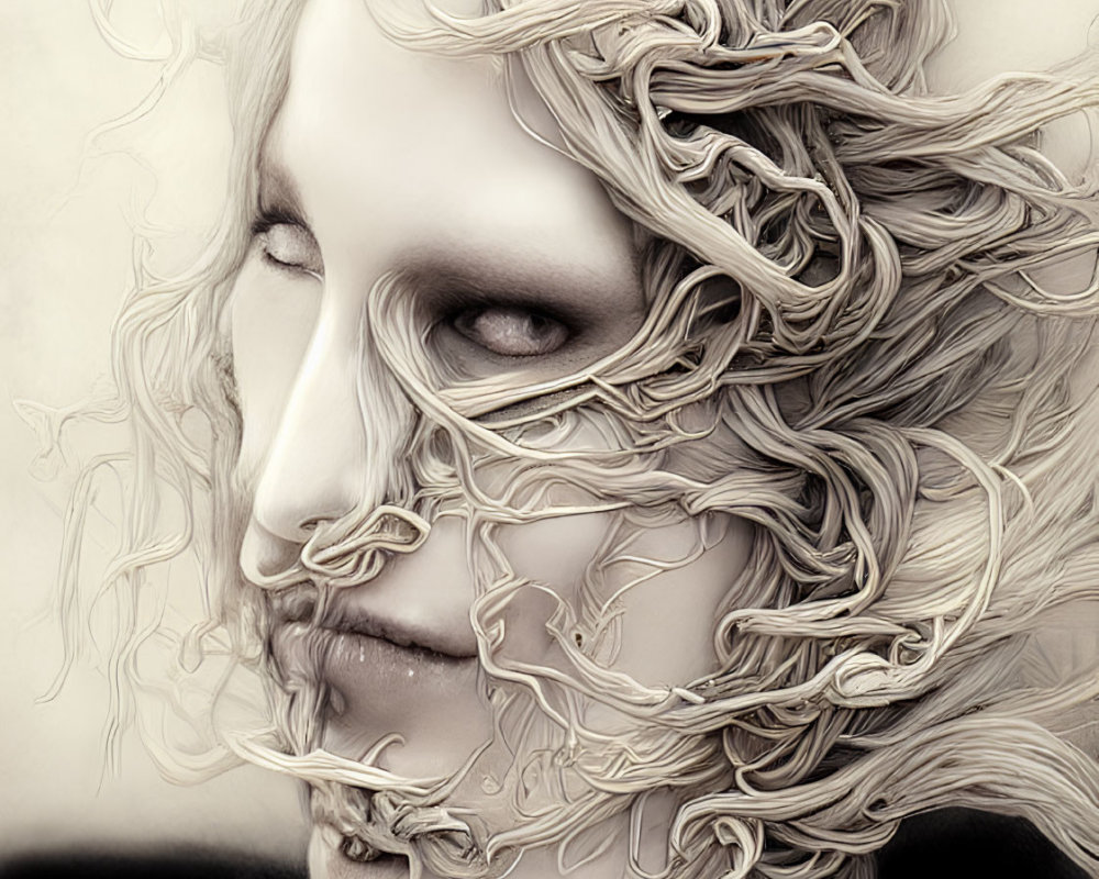 Monochrome Illustration of Person with Swirling Hair & Horned Creature