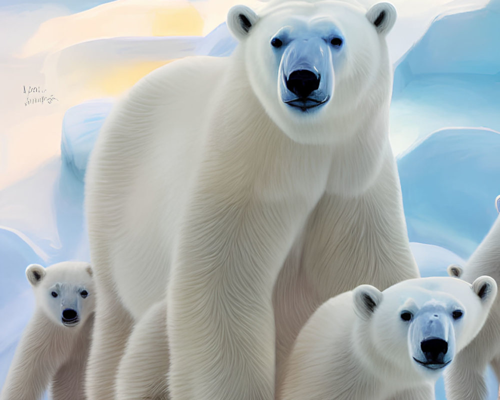 Polar bear family with cubs on icy landscape in pastel colors