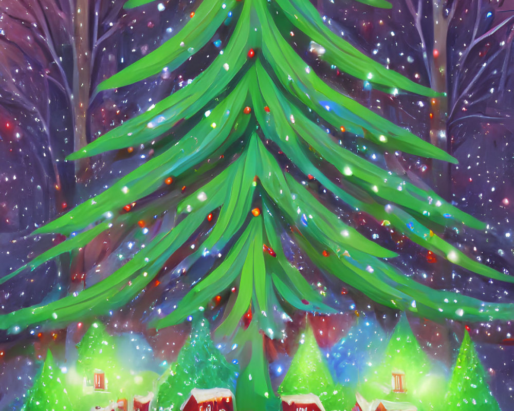 Colorful Christmas village scene with decorated trees and falling snowflakes