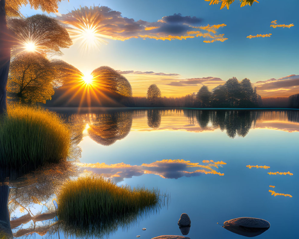 Tranquil sunset over calm lake with stepping stones and autumn leaves.