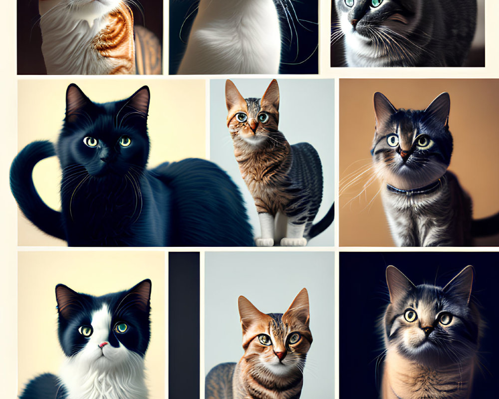 Grid of Nine Stylized Cat Illustrations with Unique Fur Patterns