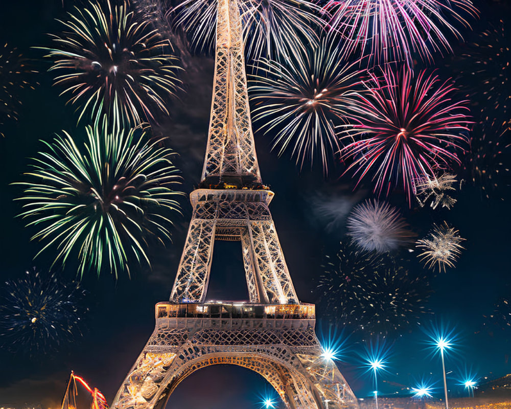 Iconic Eiffel Tower Night Scene with Colorful Fireworks