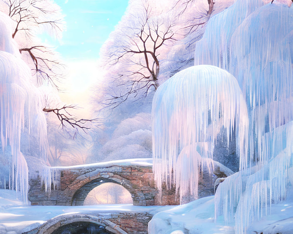 Tranquil Winter Scene: Stone Bridge, Frozen River, Snowy Trees