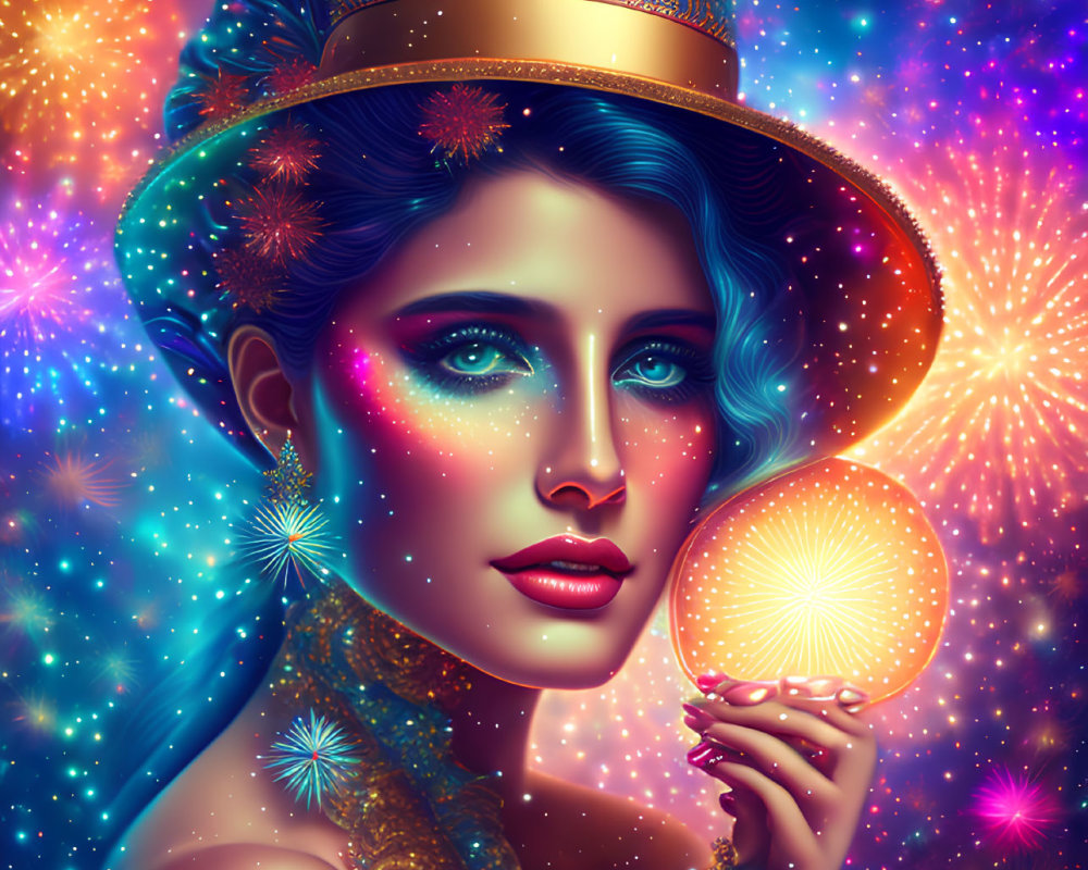 Colorful digital portrait of woman with blue hair and golden hat, holding luminous orb against cosmic backdrop