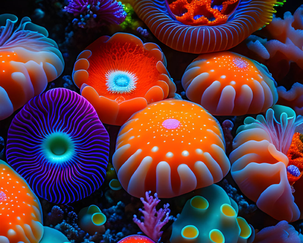 Colorful Sea Anemones and Coral in Neon Hues on Dark Aquatic Background