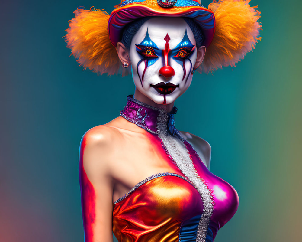 Colorful portrait of a person in circus makeup and costume