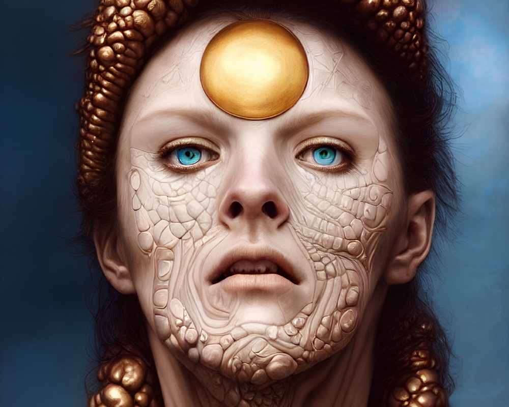 Surreal portrait of person with cracked skin, blue eyes, golden orb, and scaled headdress