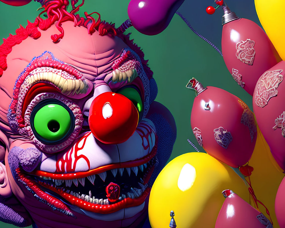 Colorful 3D Clown Image with Skull Pattern Balloons