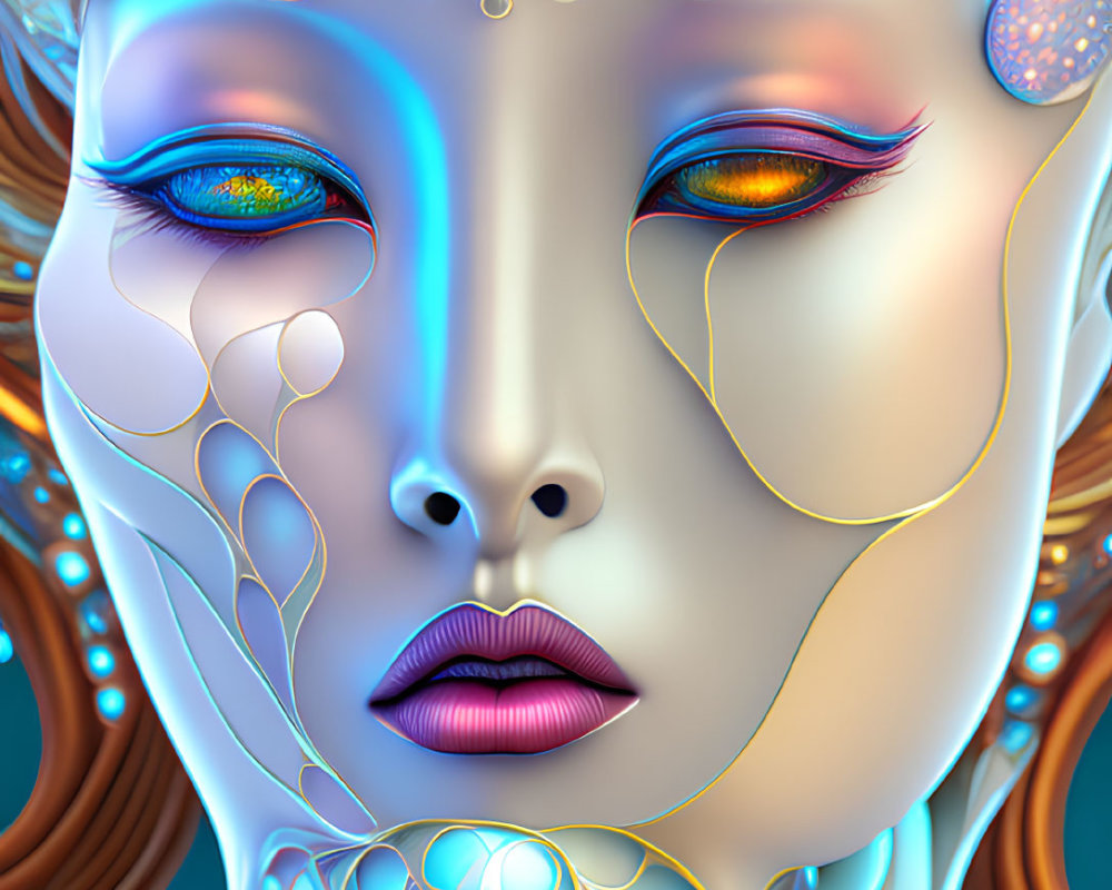 Futuristic digital artwork: Stylized female faces with intricate blue and gold patterns