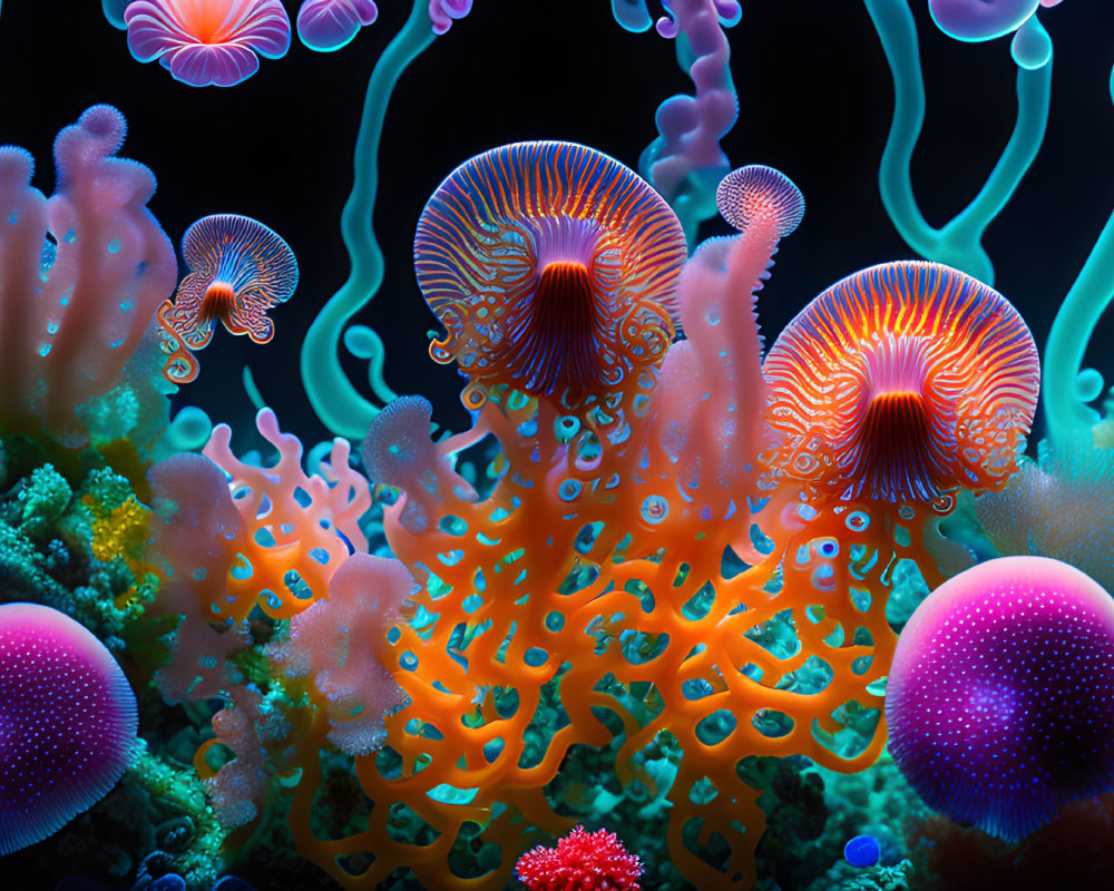 Colorful Coral Structures and Jellyfish in Vibrant Underwater Scene