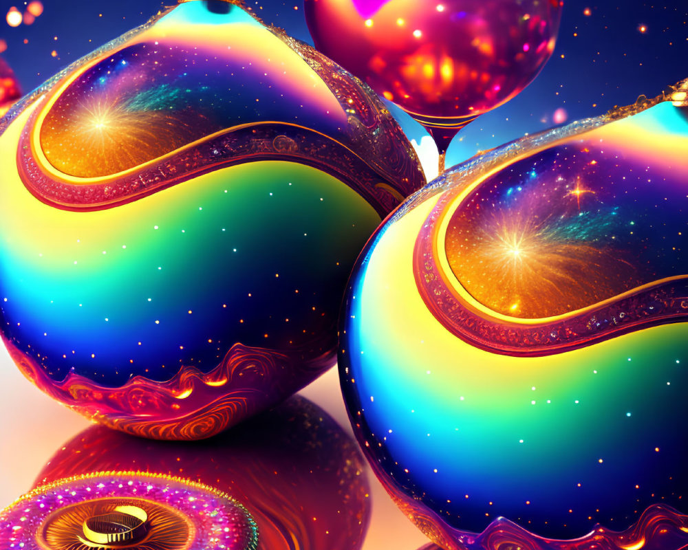 Colorful Cosmic Baubles and Ornaments with Glowing Stars and Intricate Patterns on Starry