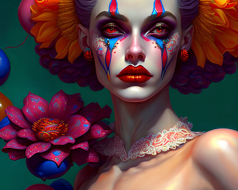 Vibrant makeup and floral headdress in fantasy art scene.