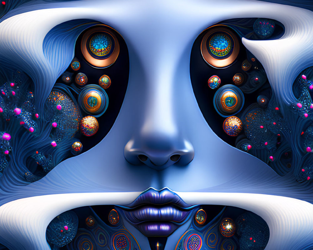 Symmetrical surreal digital art: mirrored faces, peacock eyes, blue patterns, neon pink accents