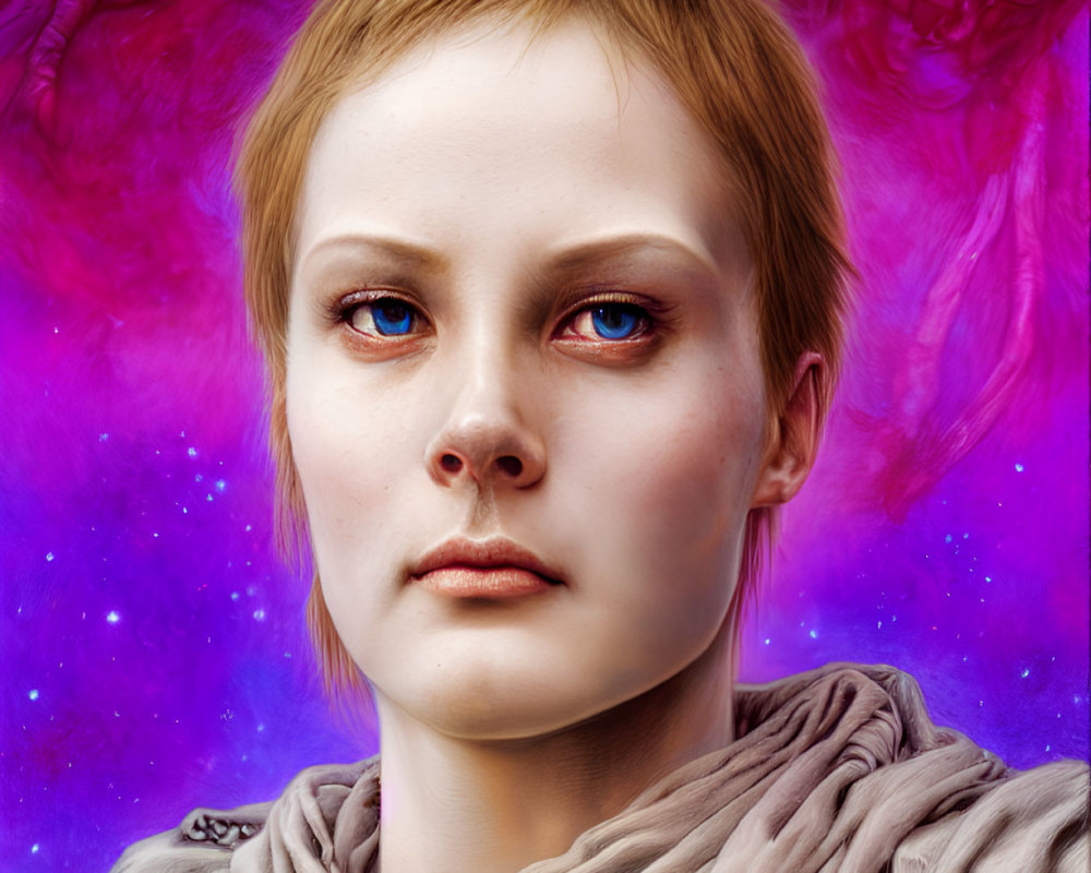 Woman with Blue Eyes and Blonde Hair in Cosmic Purple Setting