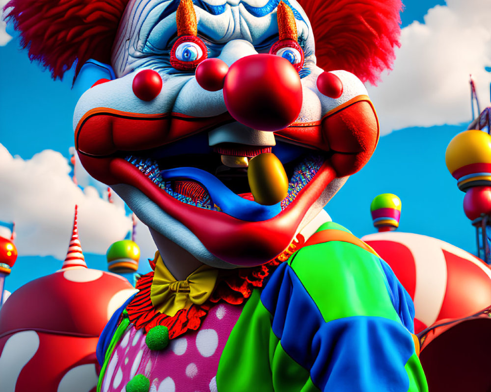 Colorful 3D clown illustration with menacing expression in funfair setting