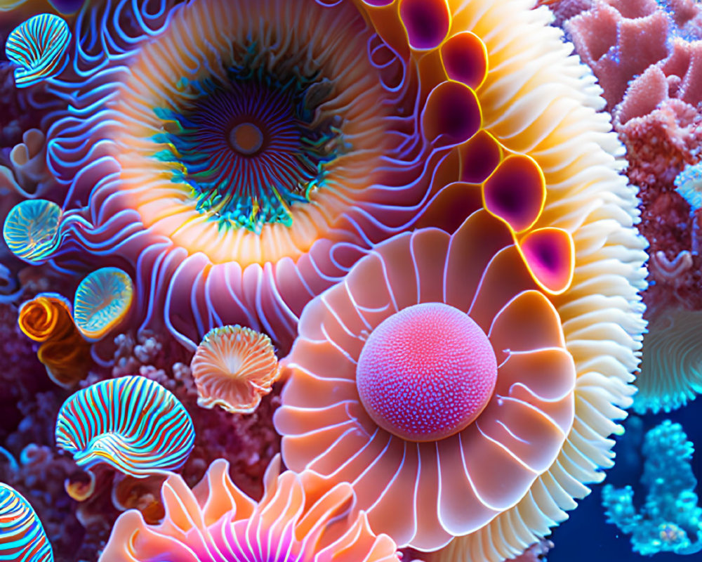 Vibrant Sea Anemones in Blue, Pink, and Orange Patterns