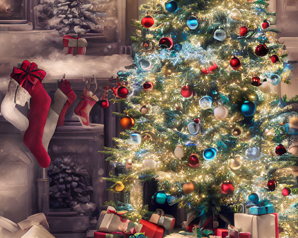 Festively decorated Christmas tree with red and blue ornaments and gifts by fireplace