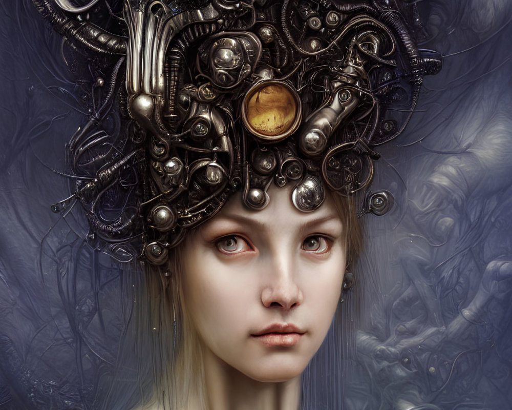 Portrait of Young Woman with Pale Skin and Steampunk Headdress