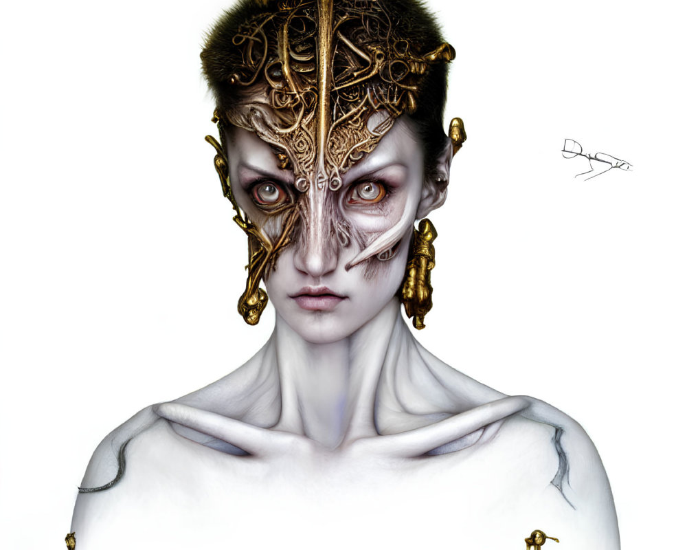 Pale-skinned figure with gold and black headgear and intricate facial adornments on white background