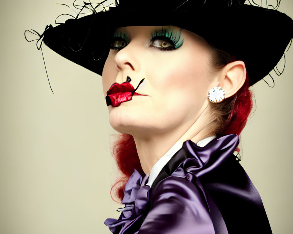 Dramatic makeup woman with black hat and red lipstick