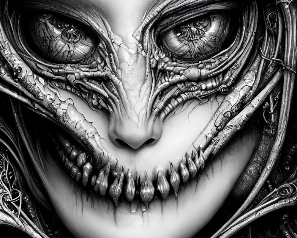 Detailed monochrome humanoid creature with skeletal and mechanical features in ornate frame